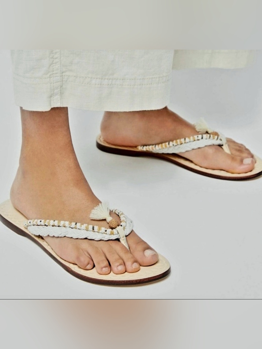 Free People Menorca Boho Braided Tassel Thong Sandals Cream Leather US 7-7.5 - Picture 3 of 16